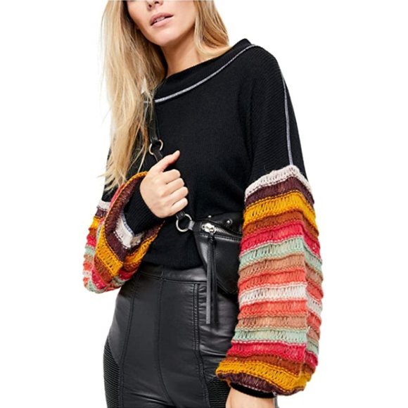 NWT Free People black balloon sleeve sweater top L - Picture 2 of 9